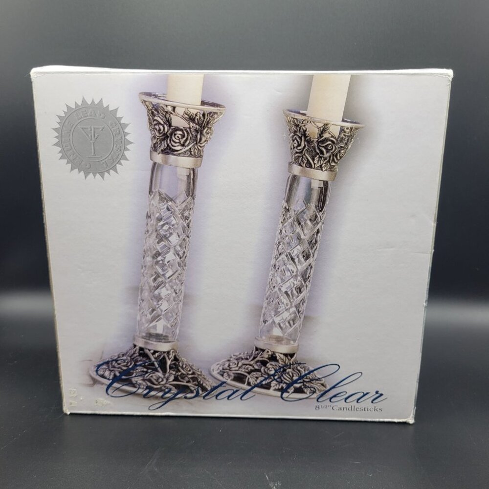 Crystal Clear Set of 2 Candlesticks Rose Design Candle Holders 8.5" - Picture 1 of 13